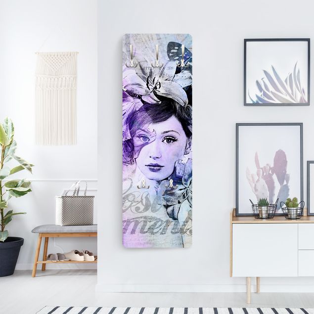 Wandkapstokken houten paneel Shabby Chic Collage - Portrait With Butterflies