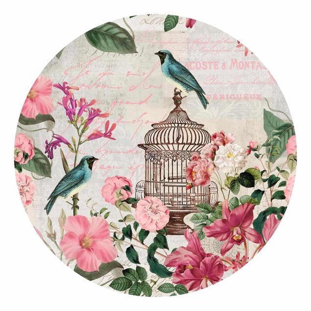 Behangcirkel Shabby Chic Collage - Pink Flowers And Blue Birds