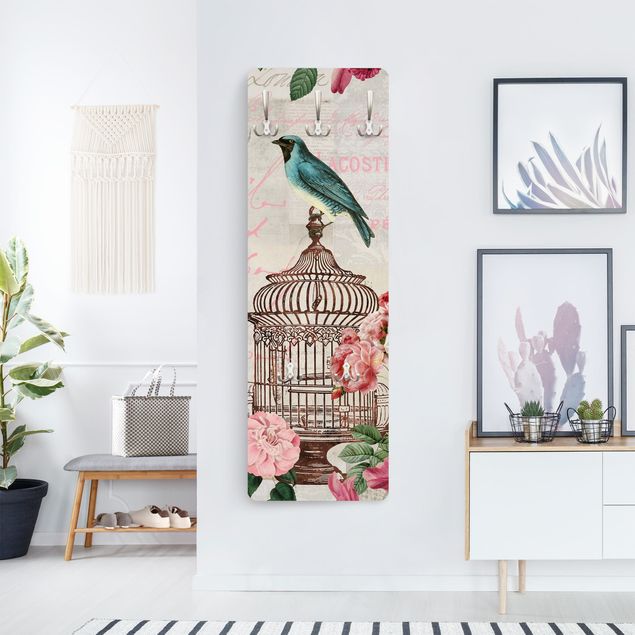 Wandkapstokken houten paneel Shabby Chic Collage - Pink Flowers And Blue Birds