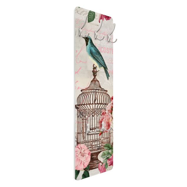 Wandkapstokken houten paneel Shabby Chic Collage - Pink Flowers And Blue Birds