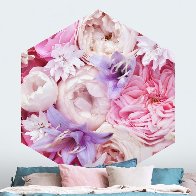 Hexagon Behang Shabby Roses With Bluebells
