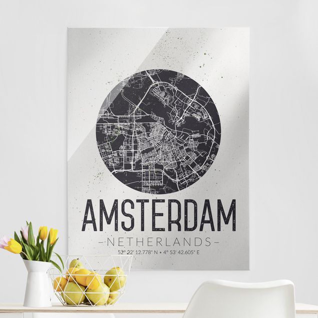 Glas Magnettafel Amsterdam City Map - Retro
