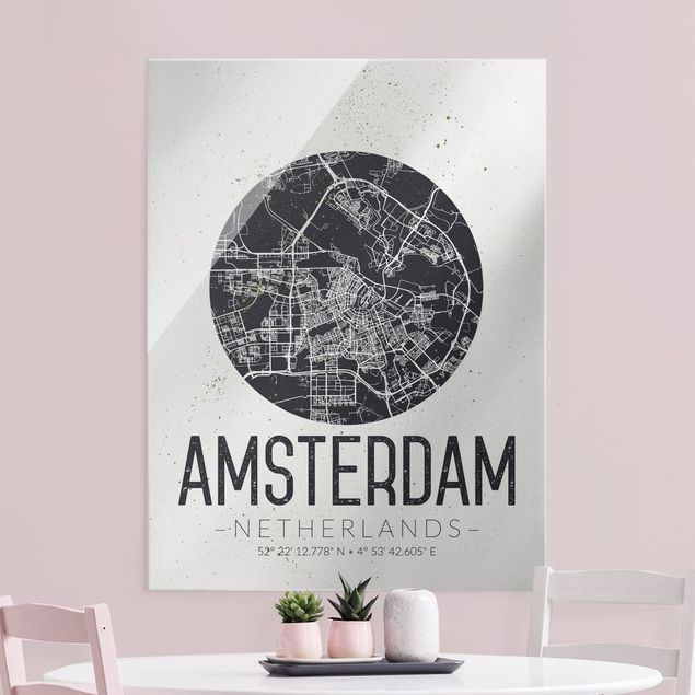 Glasschilderijen Amsterdam City Map - Retro