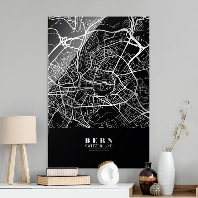 Glasschilderijen Bern City Map - Classic Black