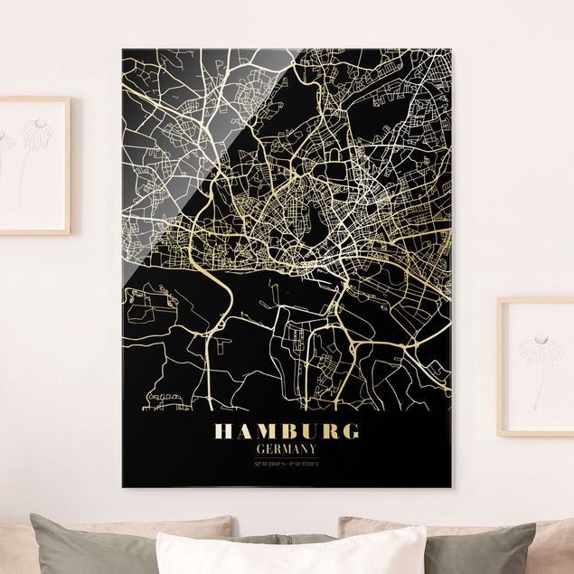 Glas Magnetboard Hamburg City Map - Classic Black