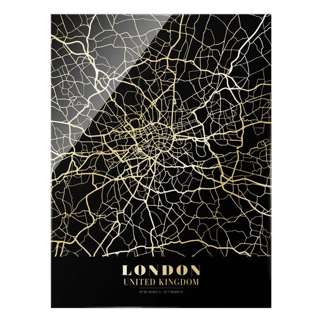 Glasschilderijen London City Map - Classic Black