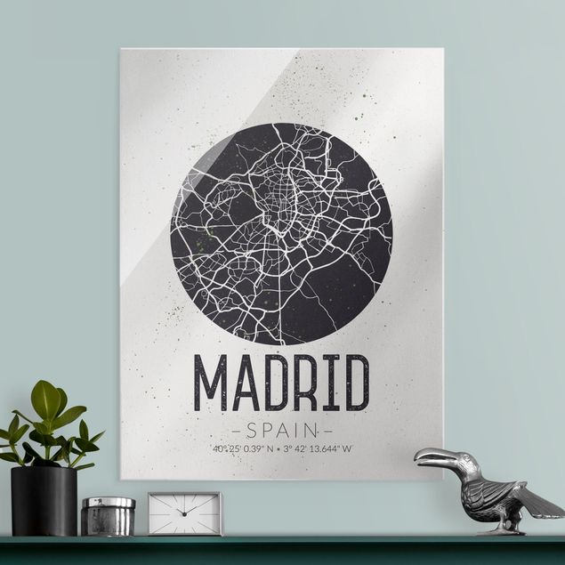 Glasschilderijen Madrid City Map - Retro