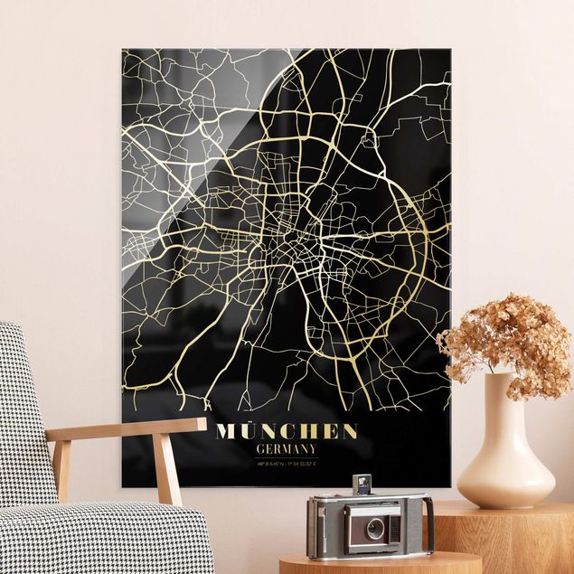 Glasschilderijen Munich City Map - Classic Black