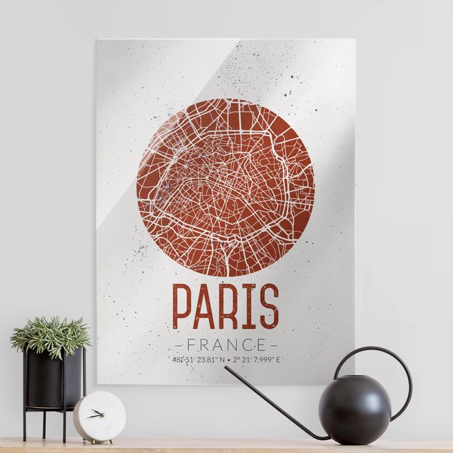 Glasschilderijen City Map Paris - Retro