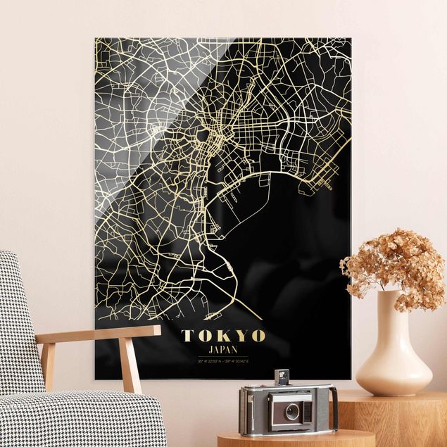 Glasschilderijen Tokyo City Map - Classic Black
