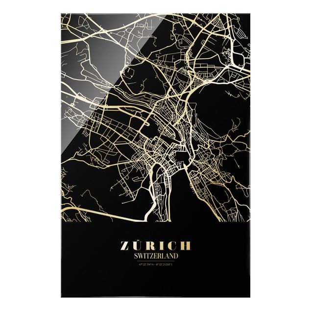 Glasschilderijen Zurich City Map - Classic Black