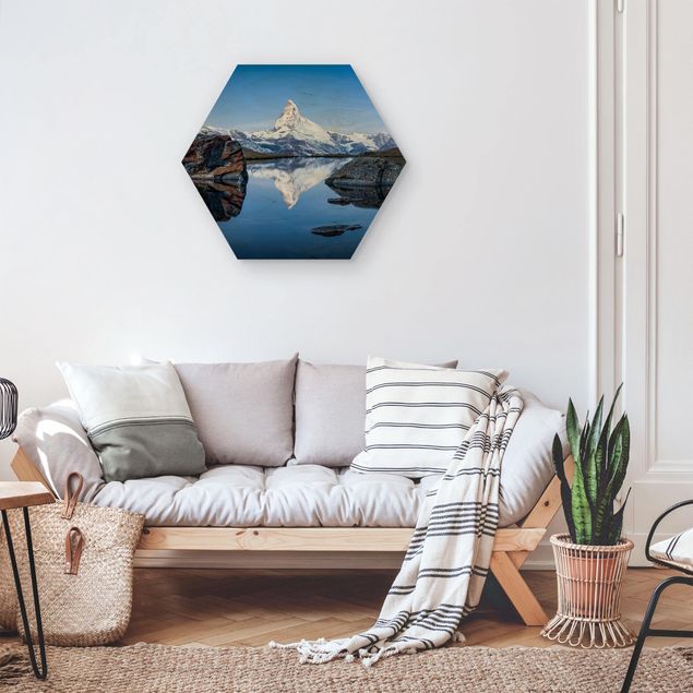 Hexagons houten schilderijen Stellisee Lake In Front Of The Matterhorn