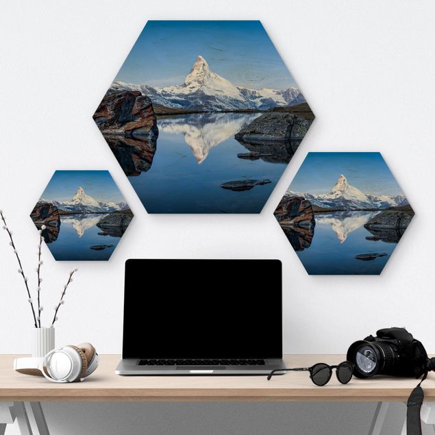 Hexagons houten schilderijen Stellisee Lake In Front Of The Matterhorn