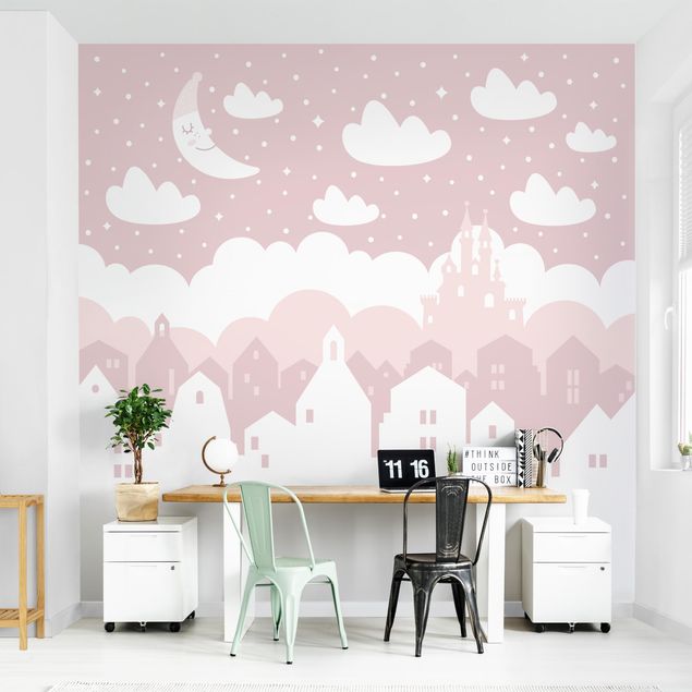 Fotobehang - Starry Sky With Houses And Moon In Light Pink