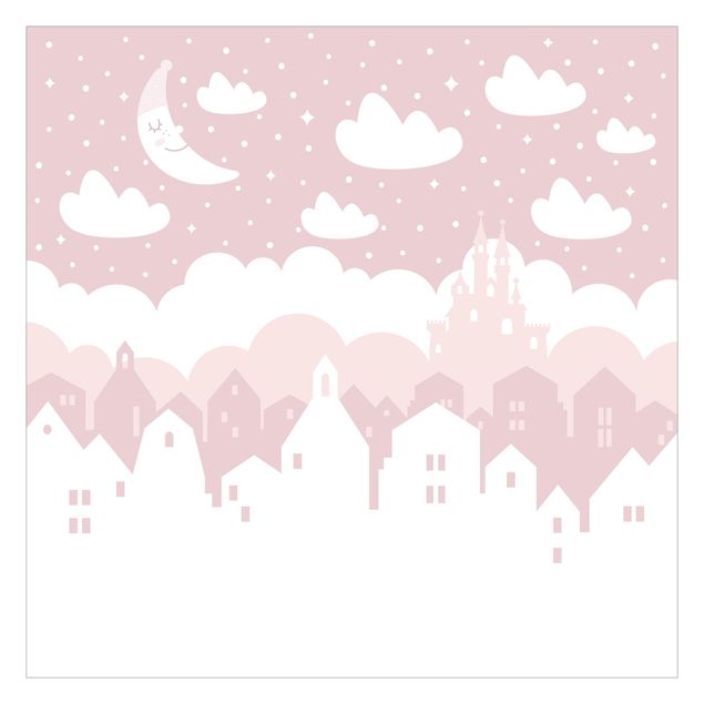 Fotobehang - Starry Sky With Houses And Moon In Light Pink