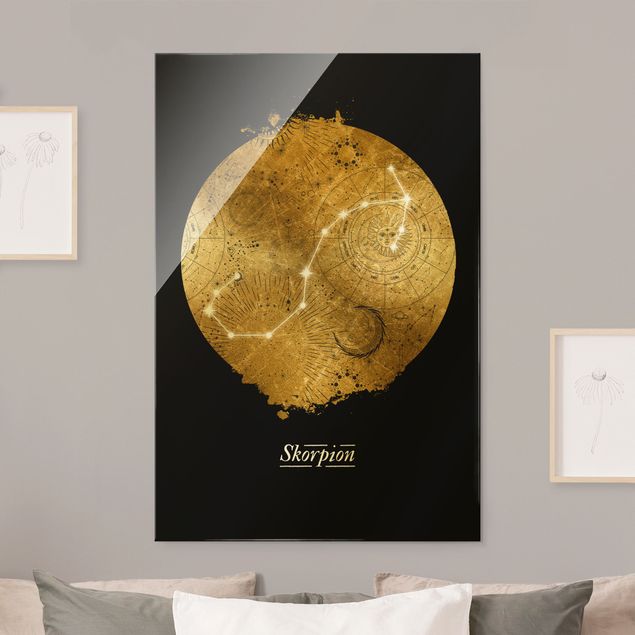 Glasschilderijen Zodiac Sign Scorpio Gray Gold