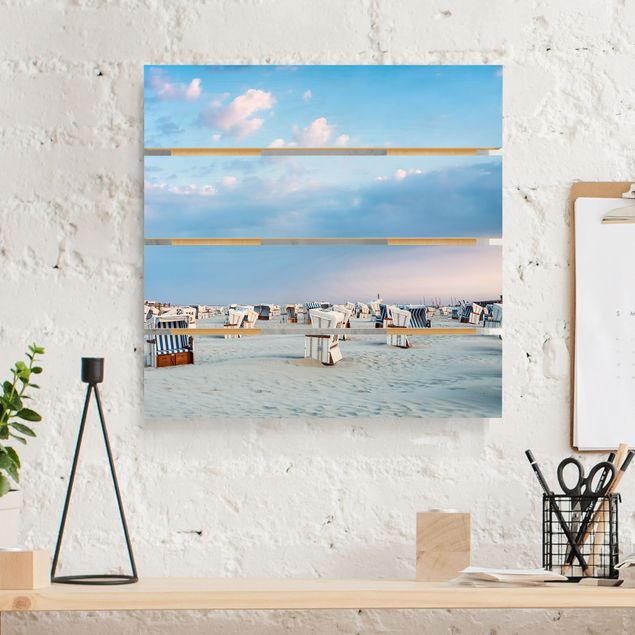 Houten schilderijen op plank Beach Chairs On The North Sea Beach