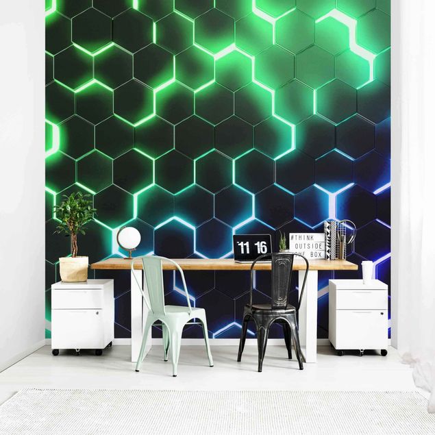 Fotobehang - Structured Hexagons With Neon Light In Green And Blue