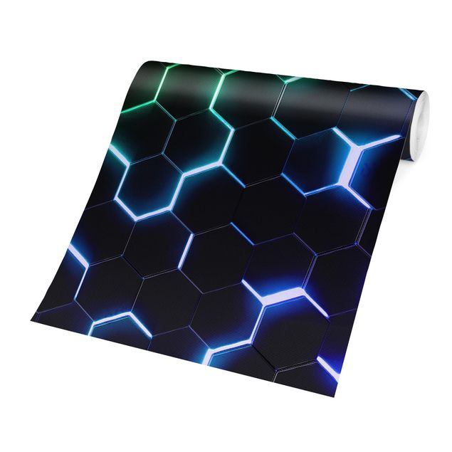 Fotobehang - Structured Hexagons With Neon Light In Green And Blue