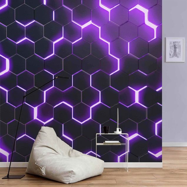 Fotobehang - Structured Hexagons With Neon Light In Purple