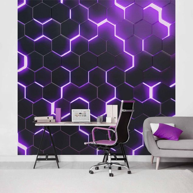 Fotobehang - Structured Hexagons With Neon Light In Purple