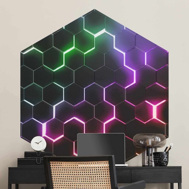 Hexagon Mustertapete selbstklebend - Strukturierte Hexagone mit Neonlicht