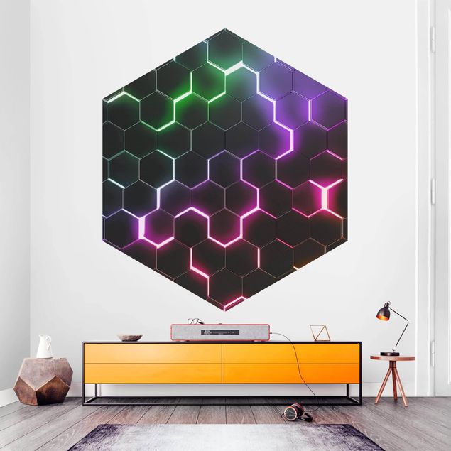 Hexagon Mustertapete selbstklebend - Strukturierte Hexagone mit Neonlicht