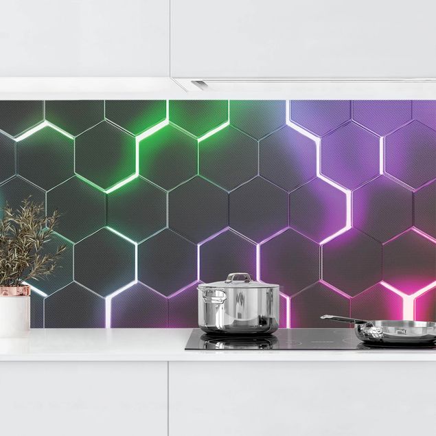 Keukenachterwanden - Hexagonal Pattern With Neon Light