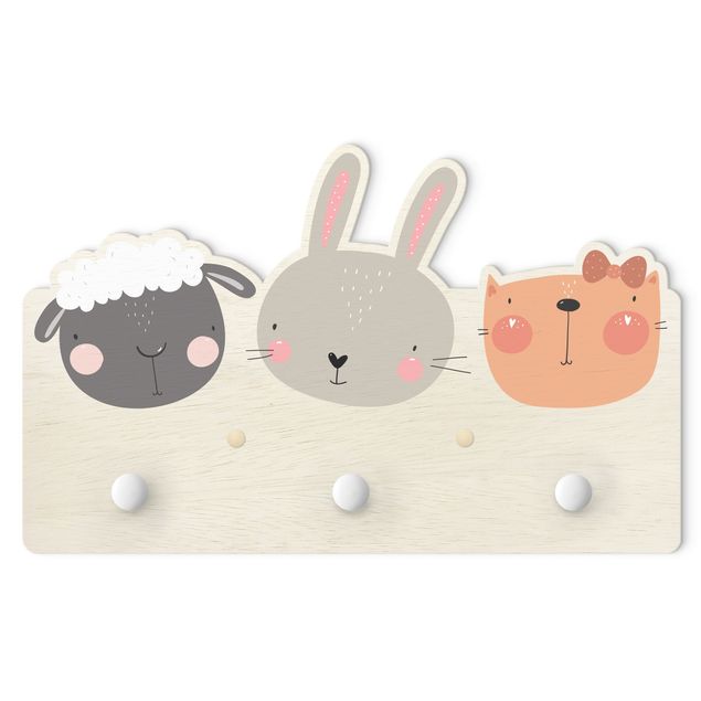 Wandkapstokken voor kinderen Cute Zoo - Sheep Bunny And Cat