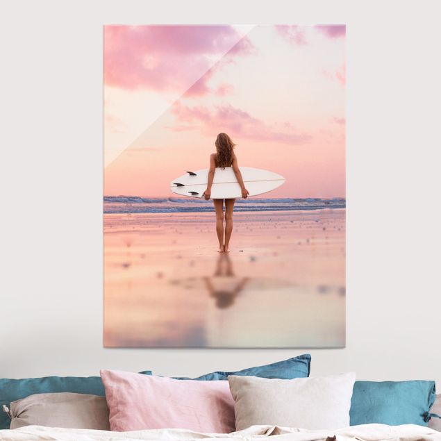 Magnettafel Glas Surfer Girl With Board At Sunset