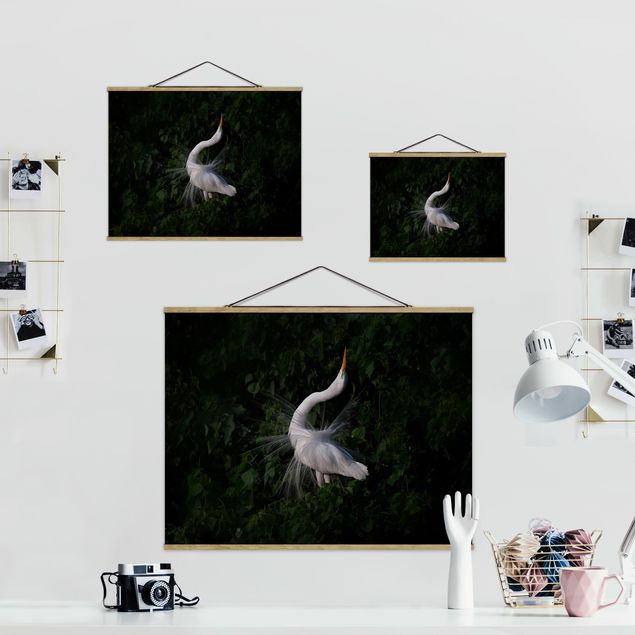 Stoffen schilderij met posterlijst Dancing Egrets In Front Of Black