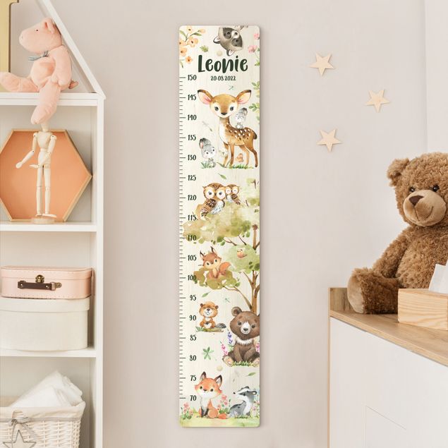 groeimeter kinderkamer Animals from the forest watercolour with custom name