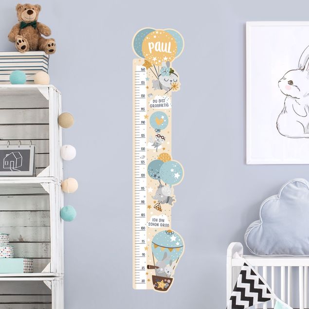 Muurstickers meetlat Animals In Balloons With Customised Name Blue
