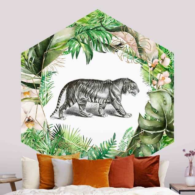 Hexagon Behang Tiger In Thicket