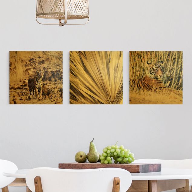 Canvas schilderijen - 3-delig Tiger And Golden Palm Leaves