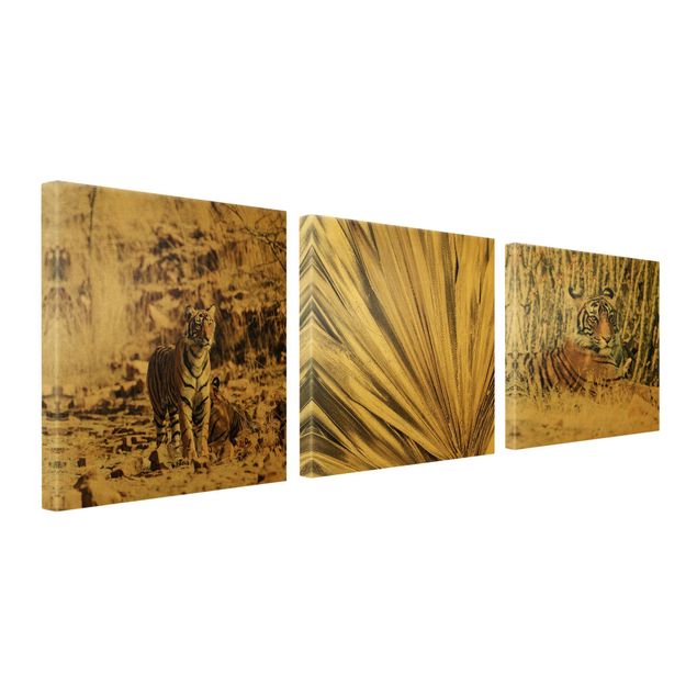 Canvas schilderijen - 3-delig Tiger And Golden Palm Leaves