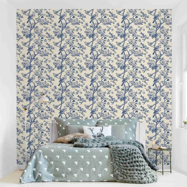 Fotobehang - Toile Sparrows And Dog Roses