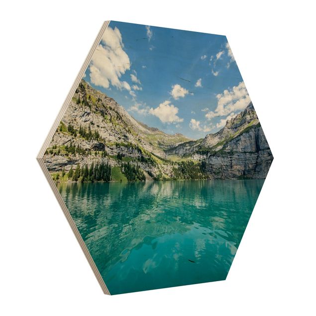 Hexagons houten schilderijen Divine Mountain Lake