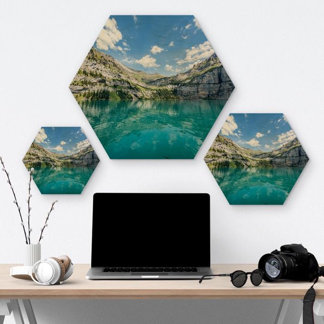 Hexagons houten schilderijen Divine Mountain Lake