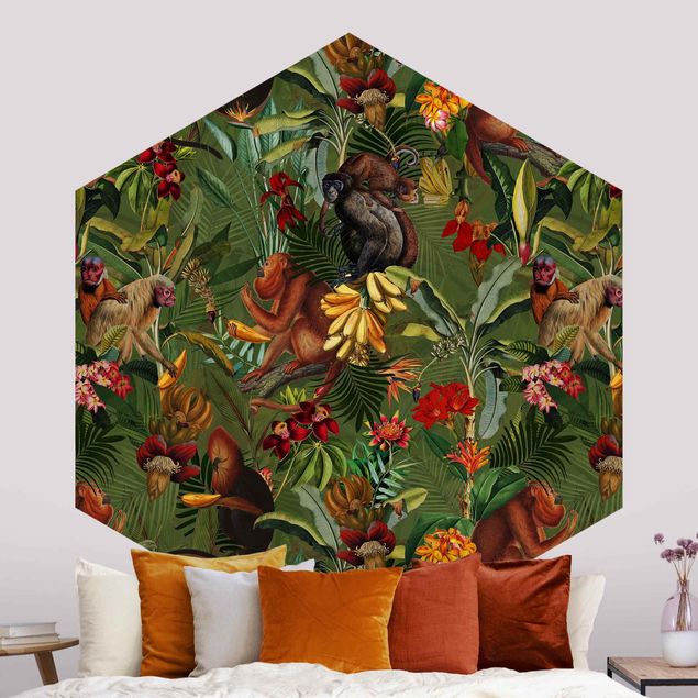 Hexagon Behang Tropical Flowers With Monkeys