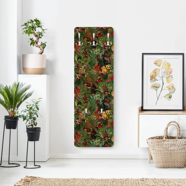 Wandkapstokken houten paneel Tropical Flowers With Monkeys