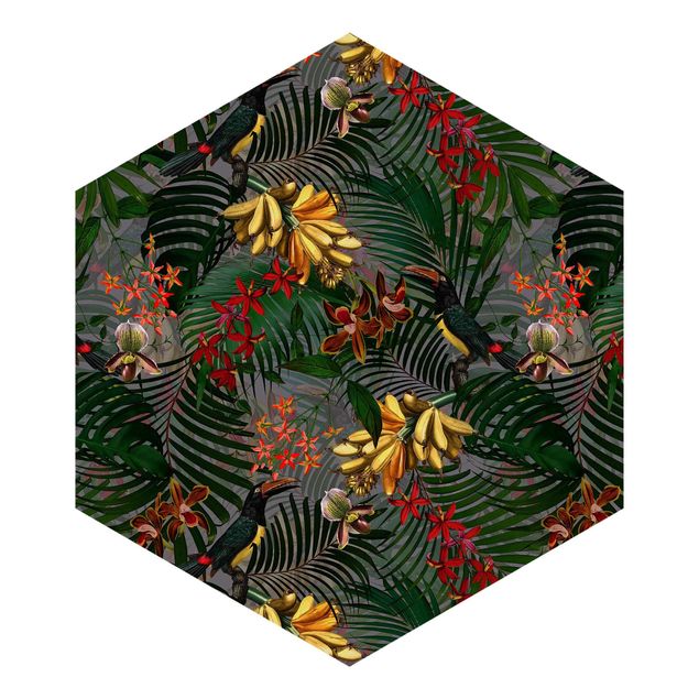Hexagon Behang Tropical Ferns With Tucan Green