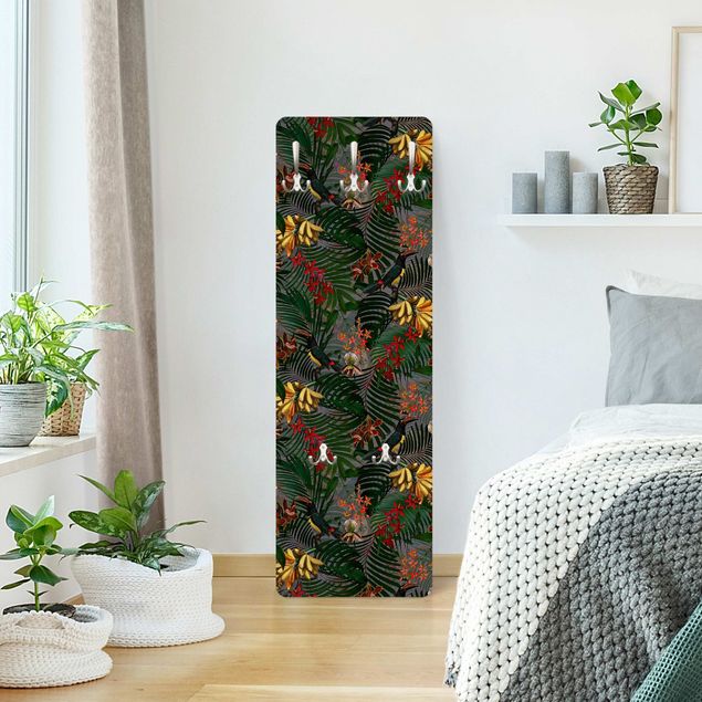 Wandkapstokken houten paneel Tropical Ferns With Tucan Green