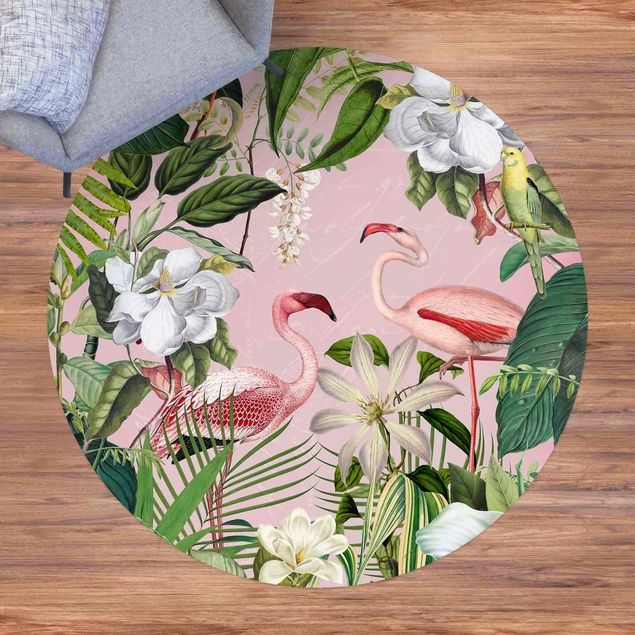 balkon tapijt Tropical Flamingos With Plants In Pink