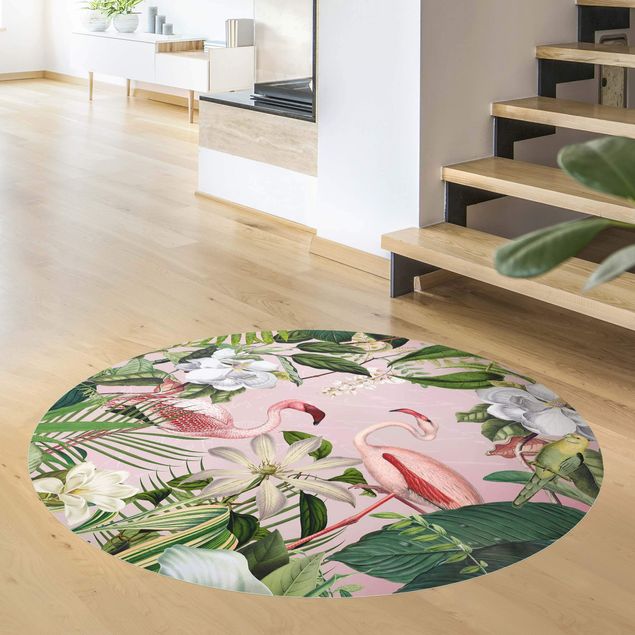 moderne vloerkleden Tropical Flamingos With Plants In Pink