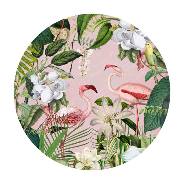Rond vinyl tapijt Tropical Flamingos With Plants In Pink