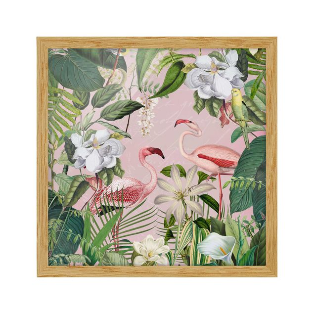 Ingelijste posters Tropical Flamingos With Plants In Pink