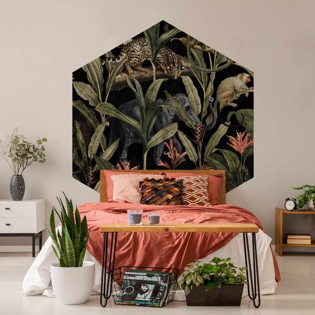 Hexagon Behang Tropical Night With Leopard