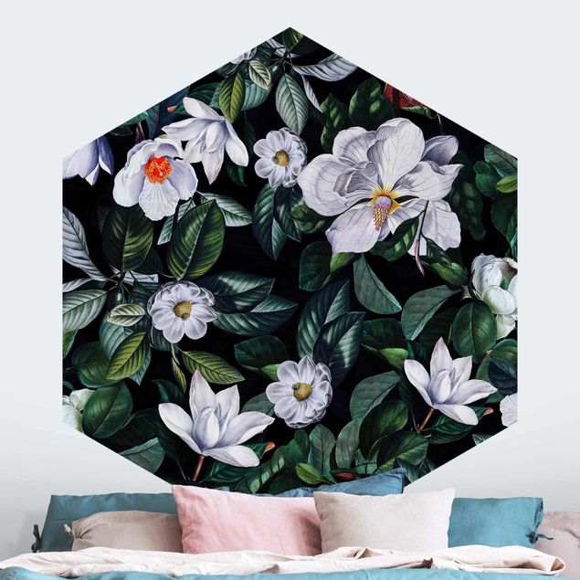 Hexagon Behang Tropical Night With White Flowers