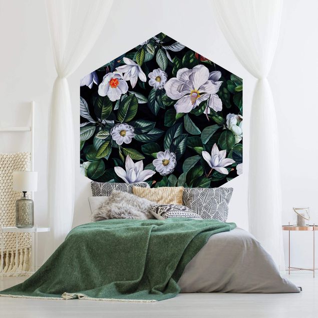 Hexagon Behang Tropical Night With White Flowers